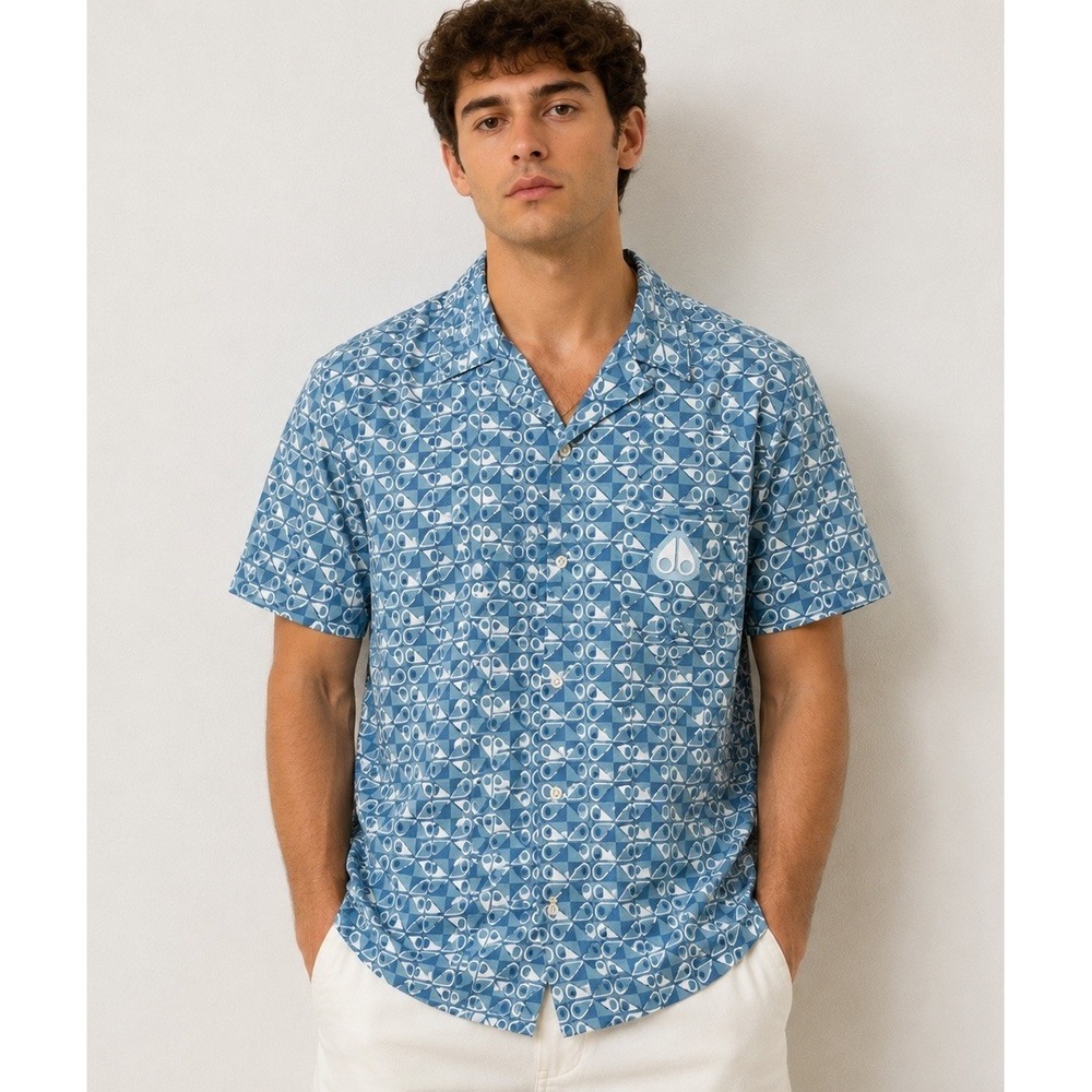 Moose Knuckles The Bay Shirt Blue Tide Monogram Short Sleeve Men's Small